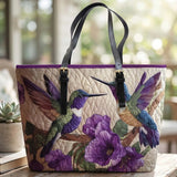 Hummingbird And Flowers Quilted Large Leather Strap Tote Bag