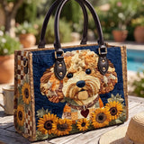 Poodle And Sunflower Quilted Leather Strap Bible Handbag
