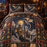 Gothic Fantasy Castle Dragon Star Moon Heraldic Emblem Quilted 3‑Piece Bedding Set