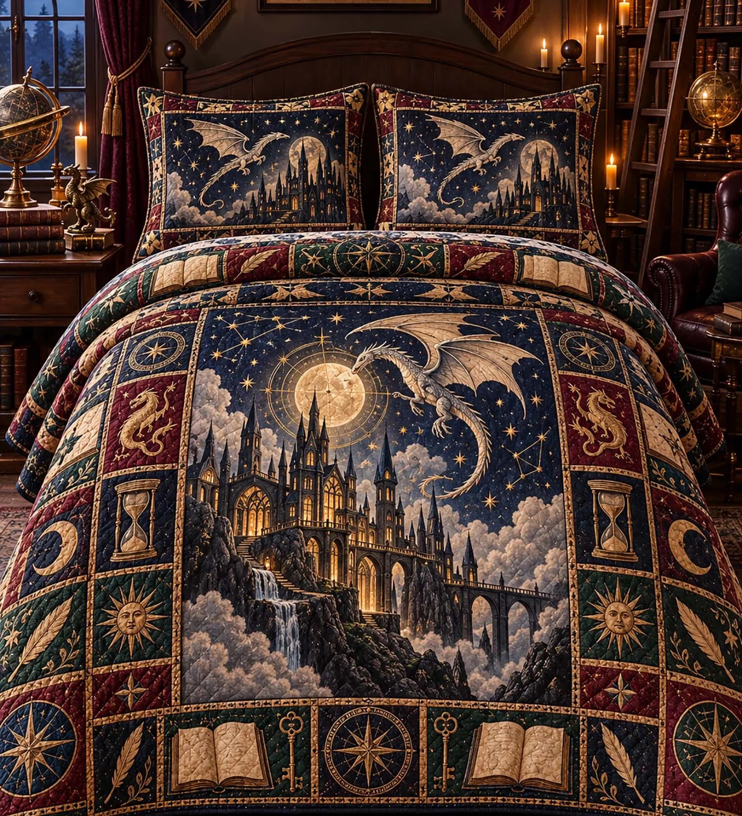 Gothic Fantasy Castle Dragon Star Moon Heraldic Emblem Quilted 3‑Piece Bedding Set
