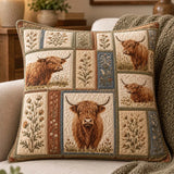 Highland Cow Multi-Panel Patchwork Quilted Throw Pillow Cover