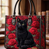 Rose And Black Cat Quilted Leather Strap Bible Handbag