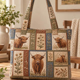 Highland Cow Vintage Floral Patchwork Quilted Tote Bag
