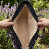 Lavender And Black Cat Quilted Large Leather Strap Tote Bag