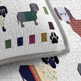 Geometric Patchwork Sunglass Dachshund Paw Print Quilted 3‑Piece Bedding Set
