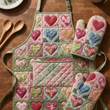 Love Heart Quilted Apron Set (2-Piece) – Padded Apron + Heat-Resistant Oven Mitts
