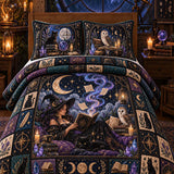 Halloween Celestial Astrology Witch Crystal Ball Owl Black Cat 3-Piece Quilted Bedding Set
