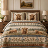 Vintage Western Highland Cow Wildflower Meadow Patchwork Quilted 3-Piece Bedding Set
