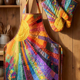Hippie Sun Quilted Apron Set (2-Piece) – Padded Apron + Heat-Resistant Oven Mitts
