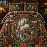 Enchanted Woodland Greenhouse Steam Train Moth Mushroom Quilted 3‑Piece Bedding Set