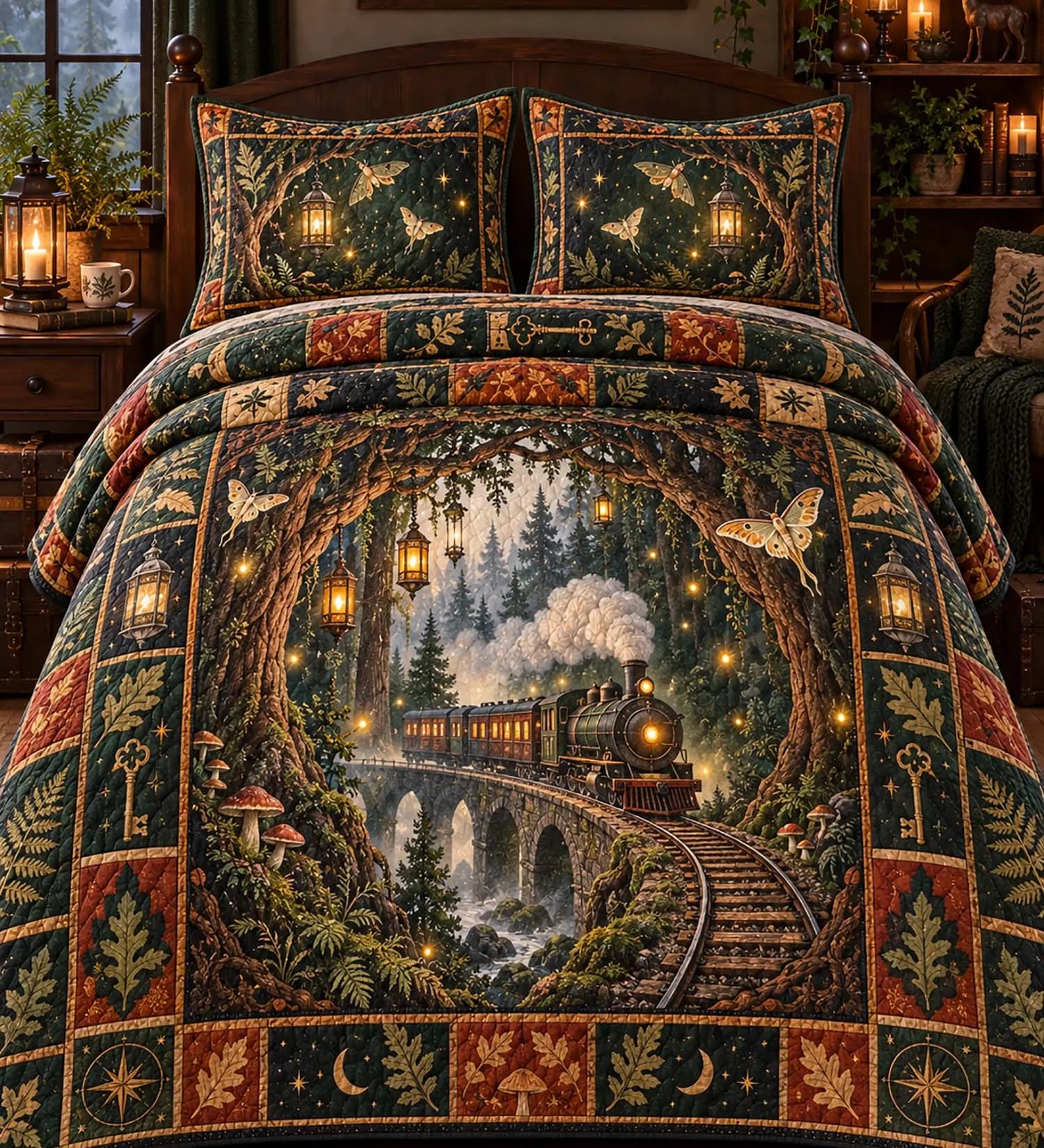 Enchanted Woodland Greenhouse Steam Train Moth Mushroom Quilted 3‑Piece Bedding Set