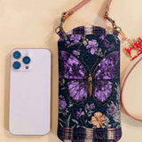 Plaid Purple Butterfly Floral Quilted Slim Phone Crossbody Bag