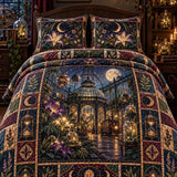 Victorian Gothic Glass Conservatory Black Cat Castle Moon Phase Botanical Patchwork Quilted 3‑Piece Bedding Set