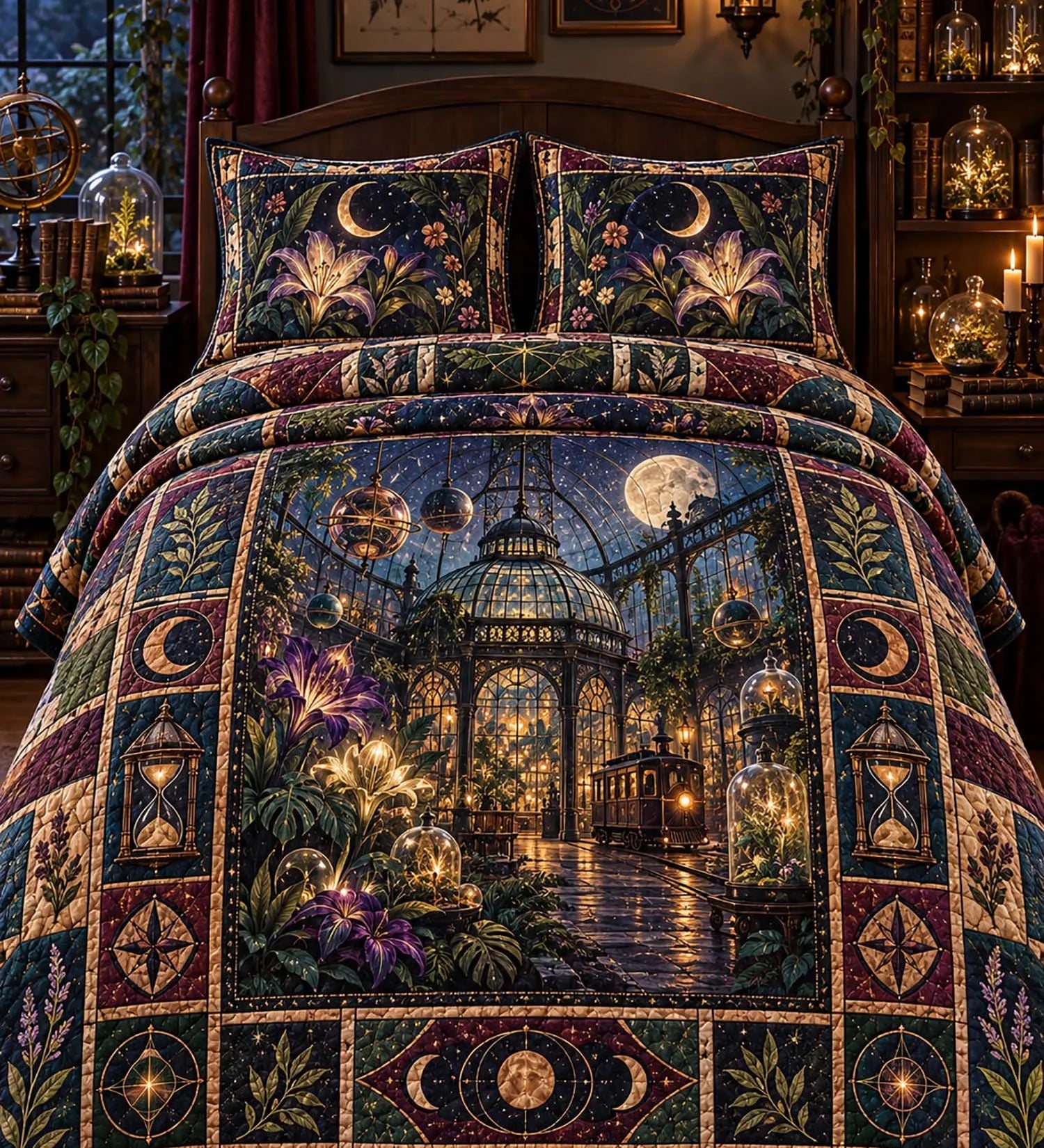 Victorian Gothic Glass Conservatory Black Cat Castle Moon Phase Botanical Patchwork Quilted 3‑Piece Bedding Set