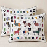 Geometric Patchwork Sunglass Dachshund Paw Print Quilted 3‑Piece Bedding Set