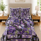 Purple Butterfly Floral Patchwork Quilted 3‑Piece Bedding Set