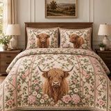Vintage Highland Cow Rose Garden Floral Patchwork Quilted 3-Piece Bedding Set