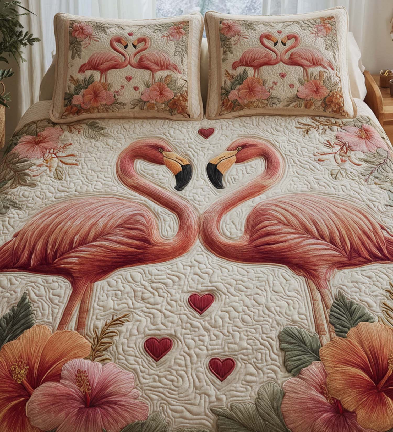 The Love Of Flamingose Valentine'S Day 3- Piece Quilted Bedding Set
