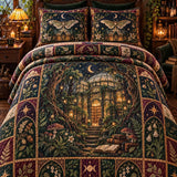 Enchanted Woodland Greenhouse Steam Train Moth Mushroom Quilted 3‑Piece Bedding Set