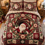 Christmas Santa Circular Wreath Patchwork Quilted 3-Piece Bedding Set