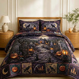 Halloween Gothic Graveyard Raven Pumpkin Jack‑o‑Lantern Vintage Quilted 3‑Piece Bedding Set