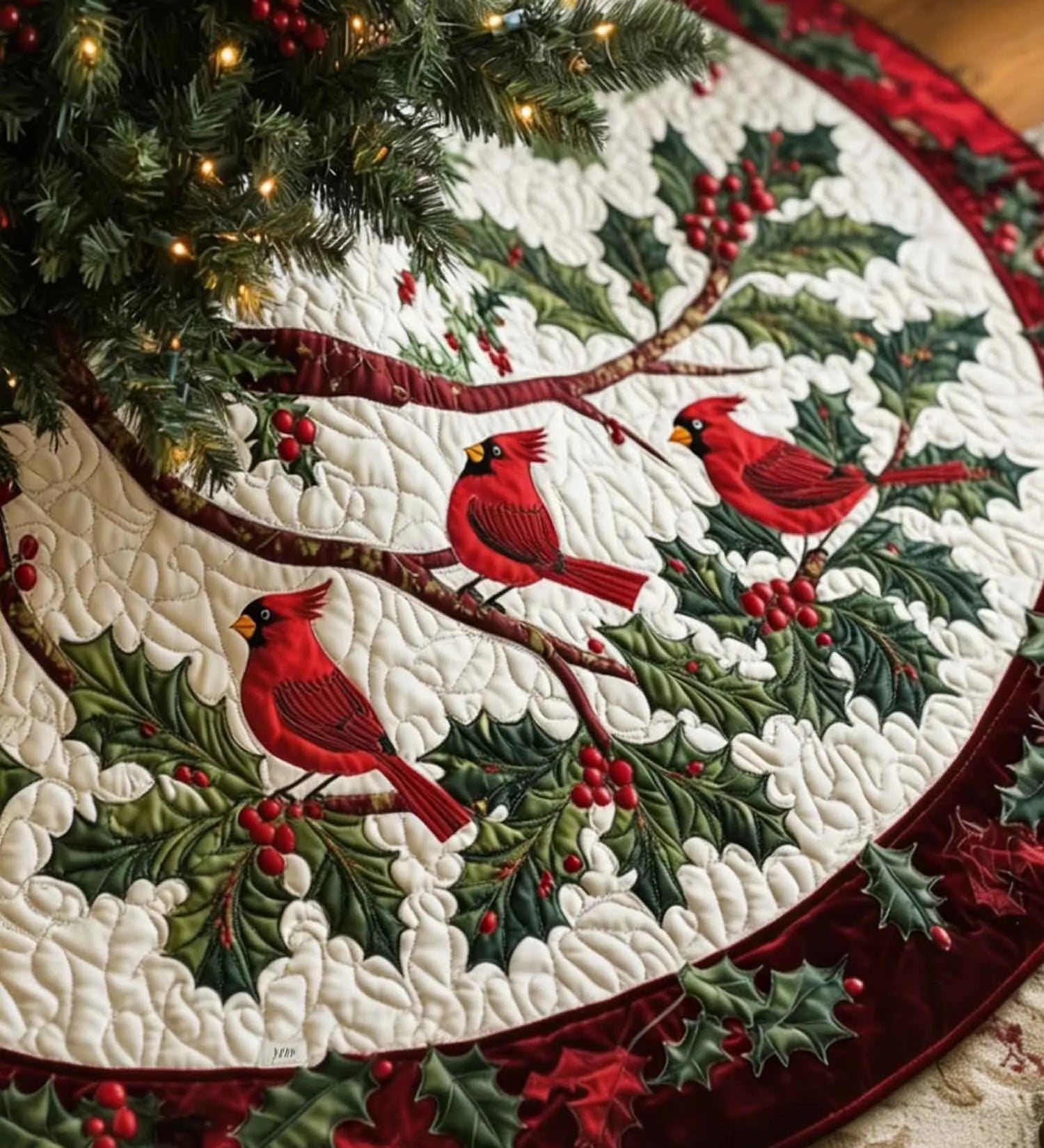 Christmas Cardinal Quilted Christmas Tree Skirt