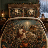 Nativity Scene Jesus Forest Wildlife Pumpkin Quilted 3‑Piece Bedding Set