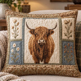 Highland Cow Vintage Floral Patchwork Quilted Throw Pillow Cover