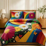 Rainbow Daisy Butterfly Bright Color Boho Quilted 3‑Piece Bedding Set