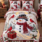 Christmas Snowman Cardinal Birch Tree Gift Box Quilted 3-Piece Bedding Set