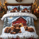 Christmas Highland Cow Red Barn Snowy Farm Quilted 3-Piece Bedding Set