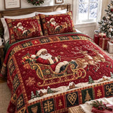 Christmas Santa Sleigh Reindeer Ethnic Patchwork Quilted 3-Piece Bedding Set