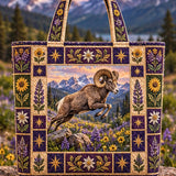 Vintage Bighorn Sheep Wildflower Mountain Patchwork Quilted Tote Bag