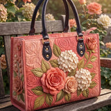 Peony Hydrangea Floral Quilted Leather Strap Bible Handbag