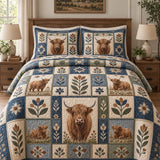 Vintage Western Highland Cow Blue Floral Block Patchwork Quilted 3-Piece Bedding Set