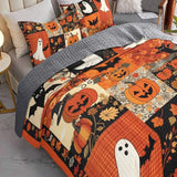 Plaid Pumpkin Ghost Black Cat Halloween Patchwork Quilted 3‑Piece Bedding Set