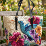 Hummingbird And Flowers Quilted Large Leather Strap Tote Bag