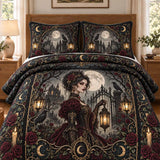 Gothic Lady Full Moon Castle Rose 3-Piece Quilted Bedding Set