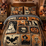 Vintage Stamp Skull Ghost Witch Halloween Patchwork Quilted 3‑Piece Bedding Set