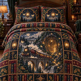 Vintage Magic Steam Train Viaduct Enchanted Castle Desert Canyon Raven Compass Moon Phase Patchwork Quilted 3‑Piece Bedding Set