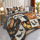 Vintage Distressed Halloween Patchwork Pumpkin Ghost Quilted 3‑Piece Bedding Set