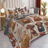 Highland Cow Patchwork Quilted 3‑Piece Bedding Set