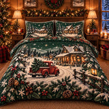 Vintage Christmas Red Truck Snowy Cabin Forest Green Quilted 3-Piece Bedding Set