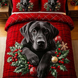 Christmas Black Labrador Holly Plaid Patchwork Quilted 3-Piece Bedding Set
