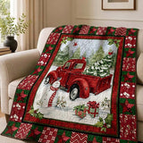Christmas Red Vintage Truck Snowman Pine Tree Holiday Patchwork Quilted Blanket