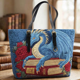 Dragon And Book Quilted Large Leather Strap Tote Bag