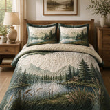 Mountain Lake Pine Landscape Vintage Quilted 3‑Piece Bedding Set