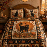 Black Cat Pumpkin Moon Halloween Quilted 3‑Piece Bedding Set