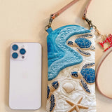 Coastal Sea Turtle Shell Starfish Quilted Slim Phone Crossbody Bag