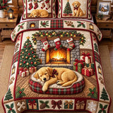 Christmas Golden Retriever Fireplace Stocking Patchwork Quilted 3-Piece Bedding Set